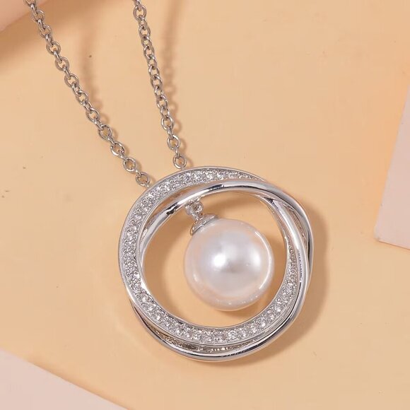 White Shell Pearl and Simulated Diamond Pendant with Stainless Steel 20" Chain - Picture 2 of 3